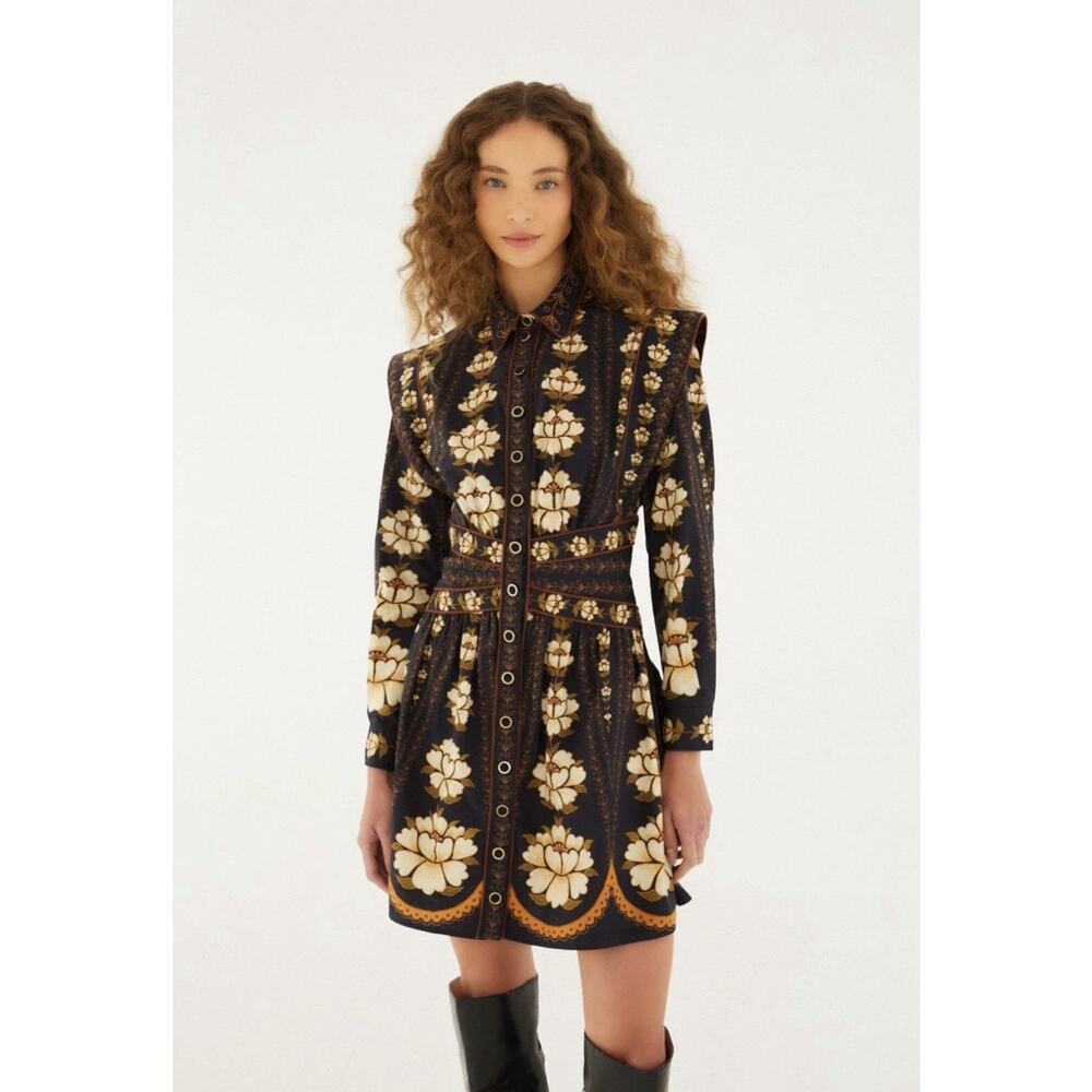 Farm Rio Black Bold Flowers S Long Sleeve Mini Dress Cinched Waist Western Boho